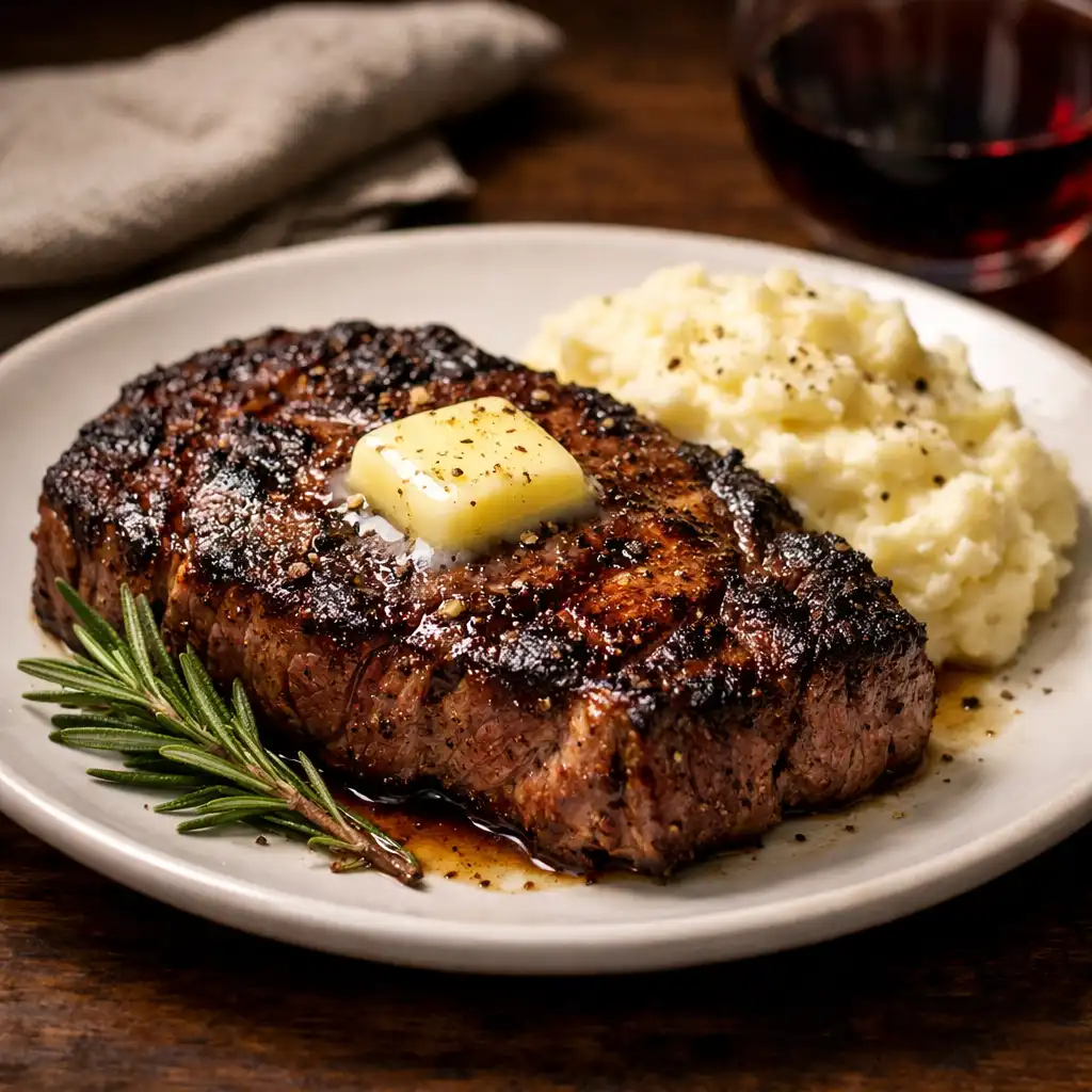 Perfectly seared ribeye steak with rosemary and mashed potatoes on a white plate