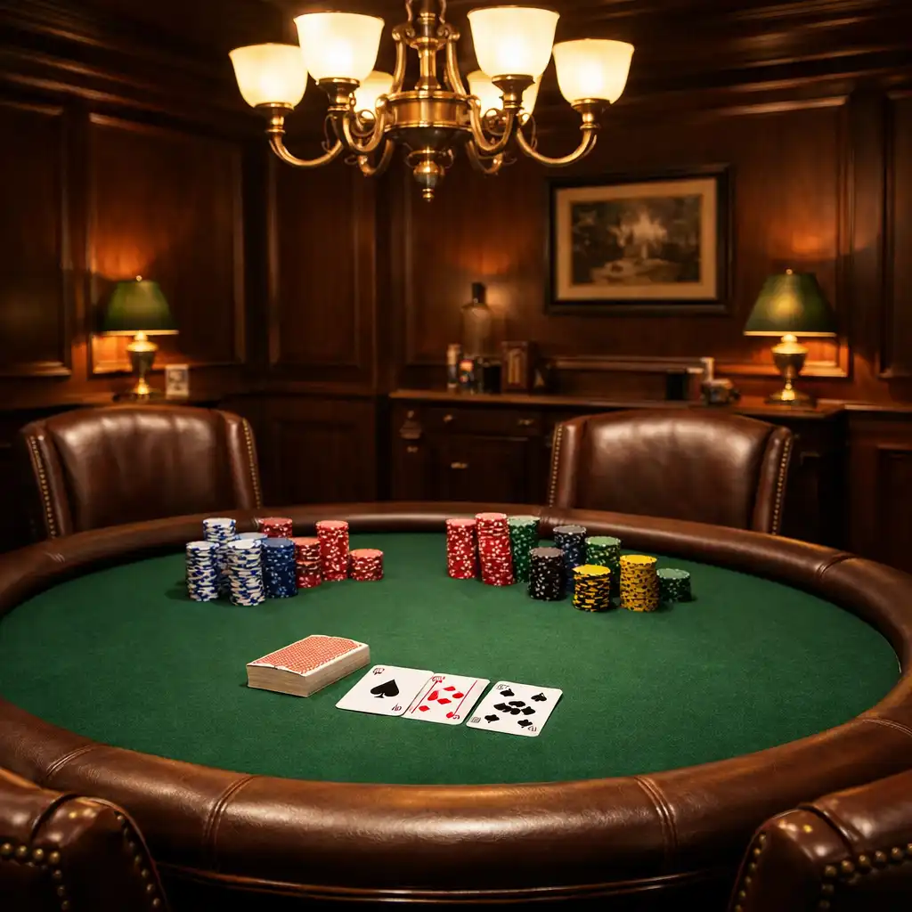 Classic poker room with green felt table, leather chairs, and stacks of tournament chips