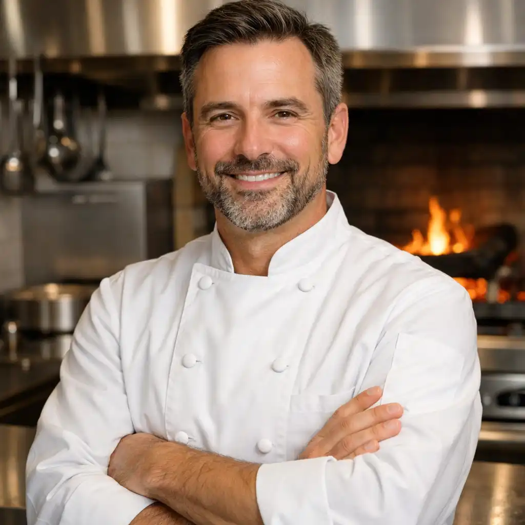 Portrait of the head chef in a white double-breasted jacket, smiling confidently in the kitchen