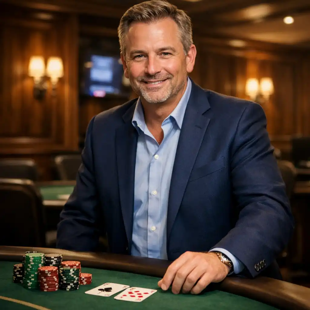 Portrait of the poker room manager in a smart casual blazer, standing near a poker table with chips and cards