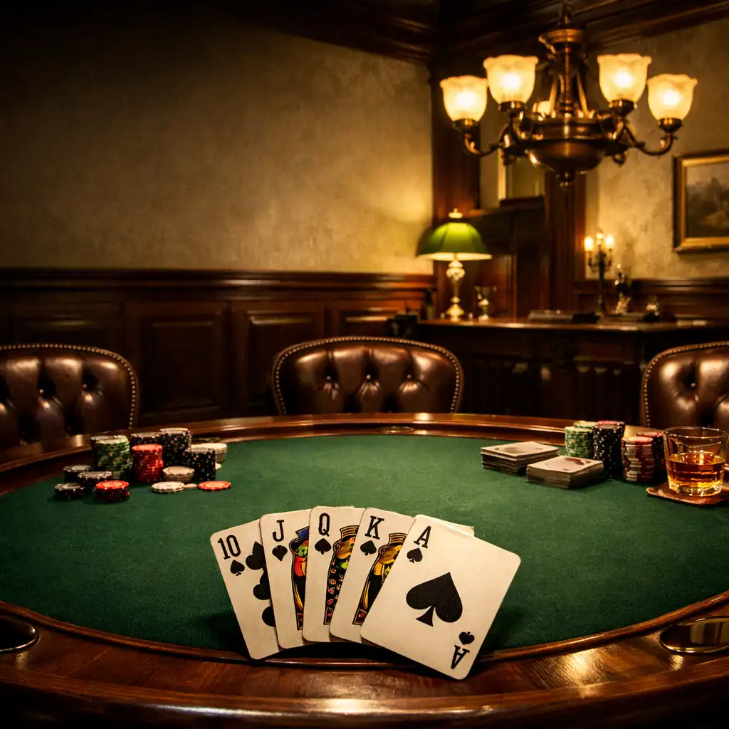 Classic card room with a polished walnut poker table, green felt, and warm brass lighting