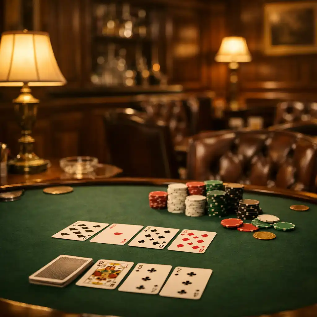 Warmly lit heritage card room with walnut paneling, brass lamps, and leather chairs around a green felt poker table