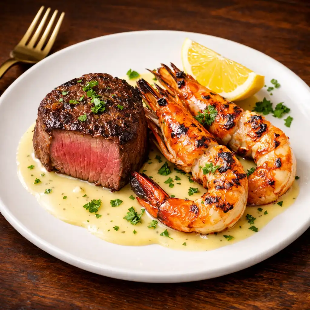 Eye fillet steak with two grilled king prawns and lemon beurre blanc