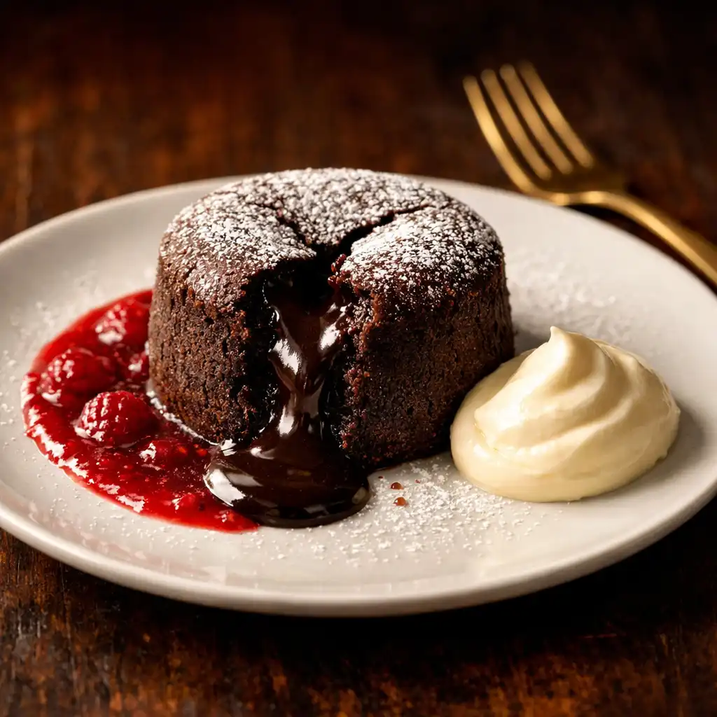 Chocolate fondant with molten center, raspberry coulis, and double cream