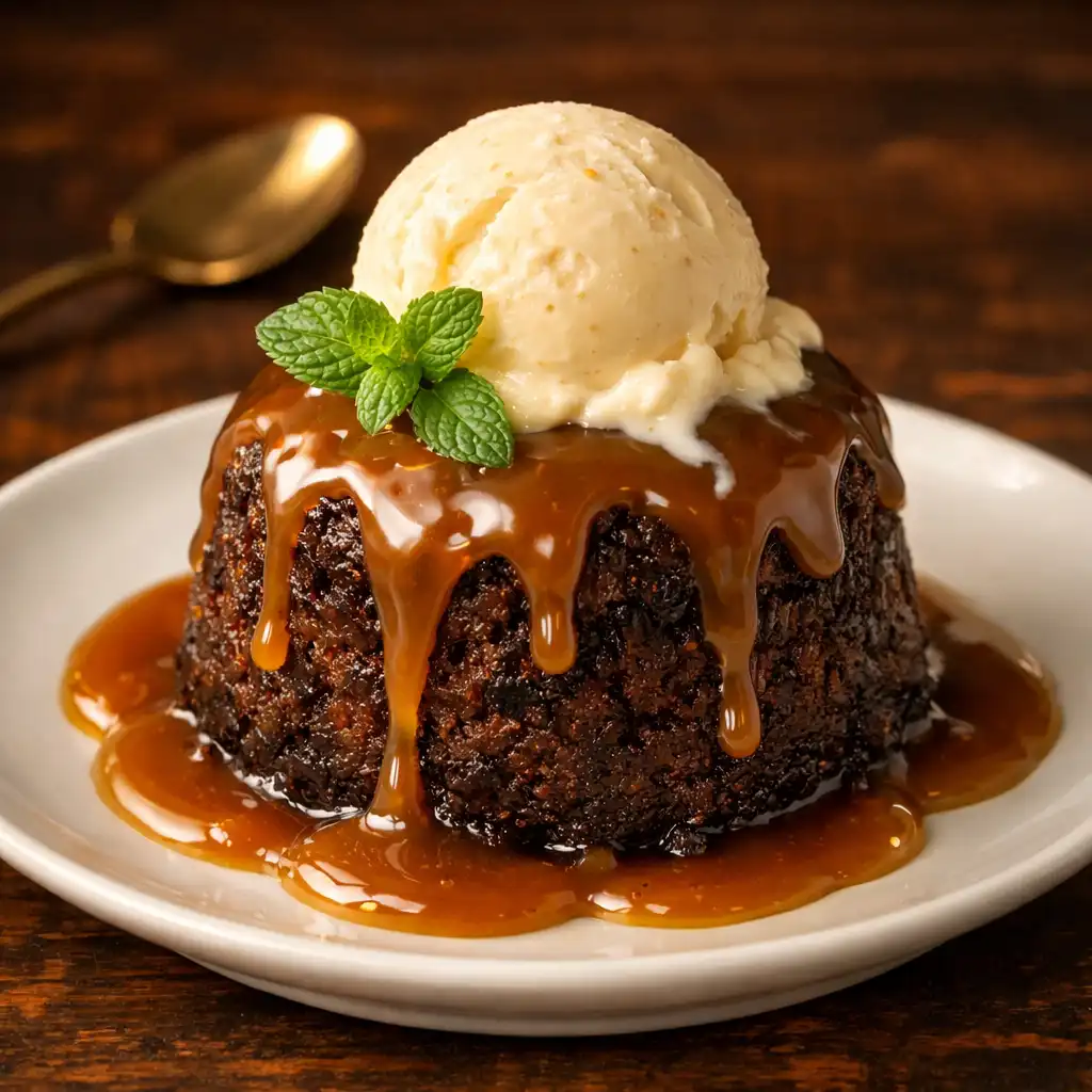Sticky date pudding with butterscotch sauce and vanilla ice cream