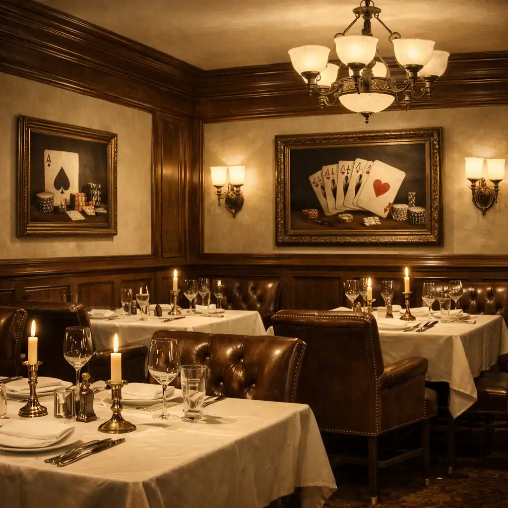 Warm dining room with walnut paneling, alabaster walls, and antique brass fixtures
