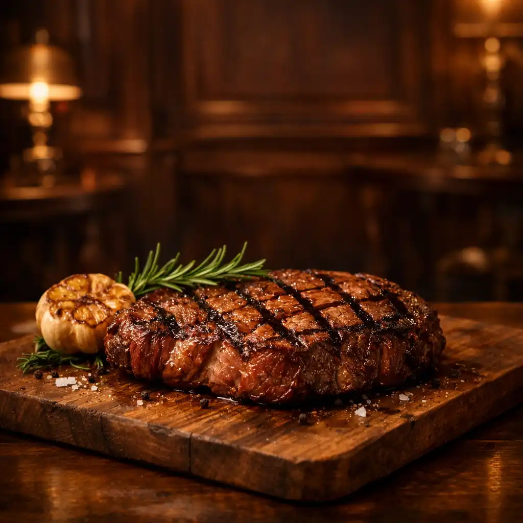 A beautifully plated ribeye steak with rosemary and roasted garlic in a warm card room setting