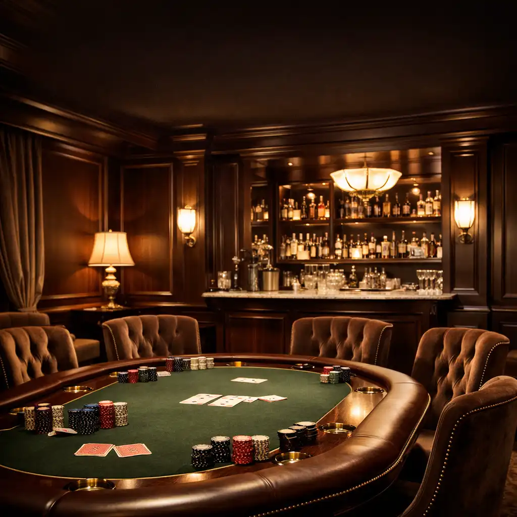 Luxurious private poker lounge with a high-end table, plush velvet chairs, and a small bar in warm ambient lighting