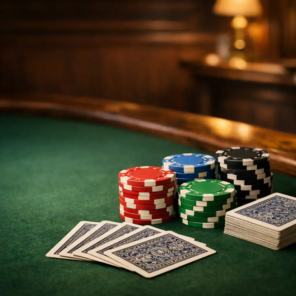 Close-up of a poker table with tournament chips and fanned cards in a warm heritage card room