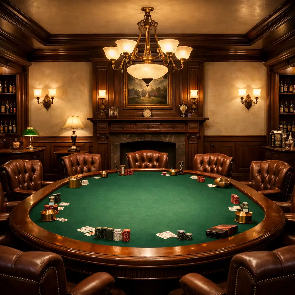 Victorian-style poker room with walnut paneling, alabaster walls, and a large green felt poker table under warm brass chandeliers