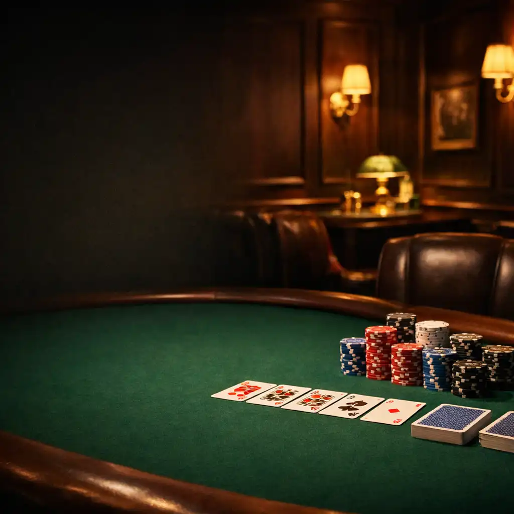 Offline poker room with green felt table, tournament chips, and cards