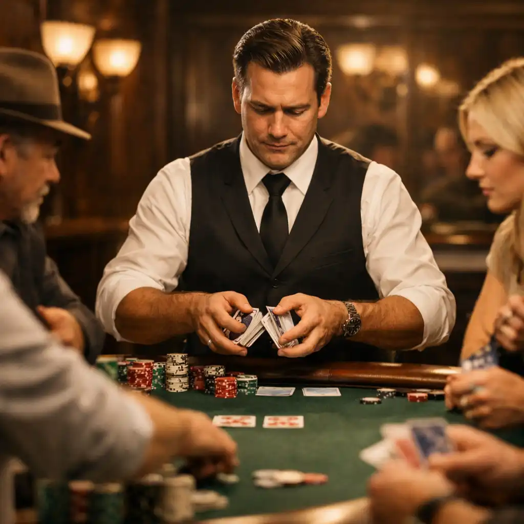 Professional dealer in a vest and tie shuffling cards at a poker table surrounded by focused players