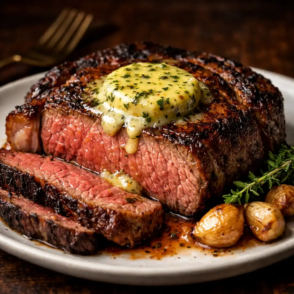 Sliced ribeye steak with café de Paris butter, thyme, and roasted garlic