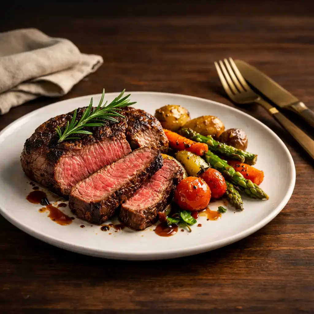 Sliced premium steak with rosemary and roasted vegetables on a white plate