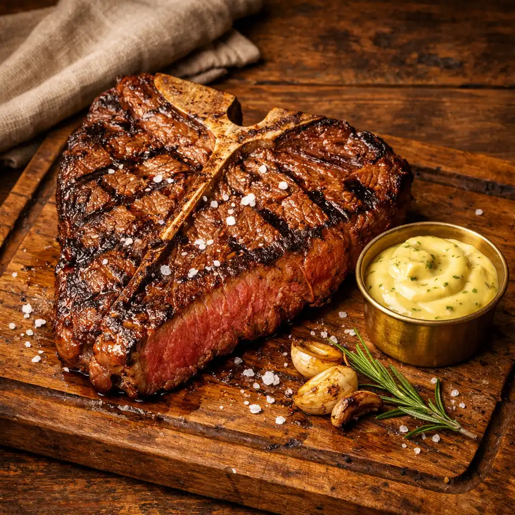 Large T-bone steak on a wooden board with béarnaise sauce in a brass ramekin
