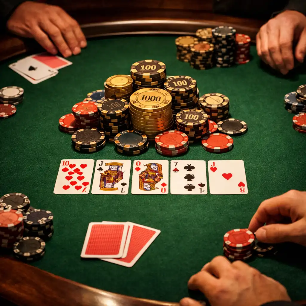 Close-up of a Texas Hold'em final table with community cards and stacks of tournament chips