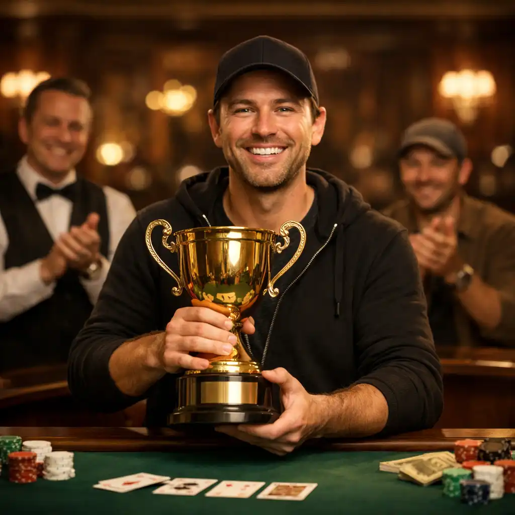 Winner receiving a brass trophy while players applaud in the card room