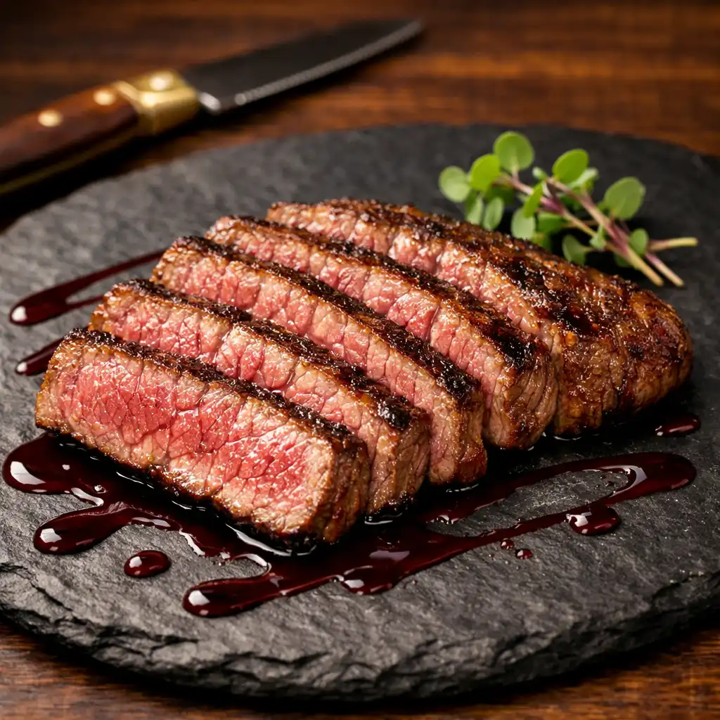 Wagyu sirloin with red wine jus, sliced and fanned on a dark slate plate